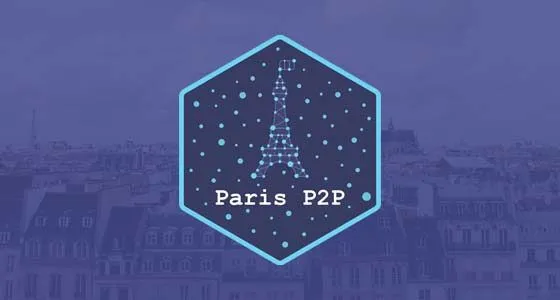 The Paris P2P Festival identity — a hexagonal mark over Paris rooftops